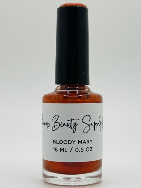 Bloody Mary non-toxic nail polish in rusty orange, handmade for vibrant and stylish home manicures, suitable for everyone.