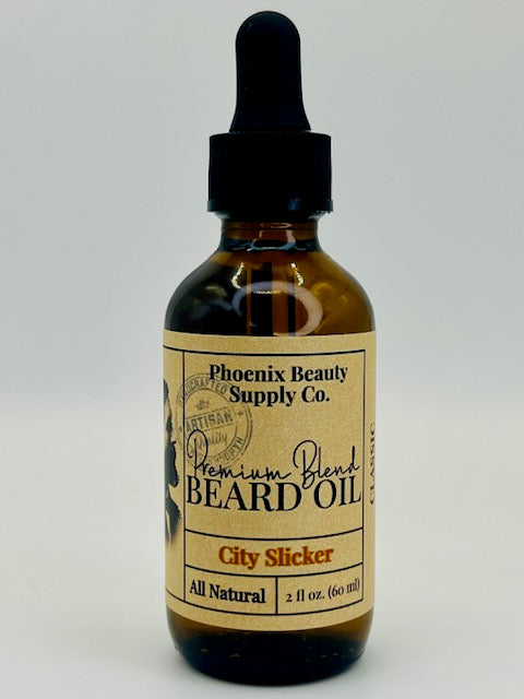 City Slicker Classic Beard Oil, a citrusy and earthy blend for soft, nourished facial hair with sandalwood and patchouli notes.