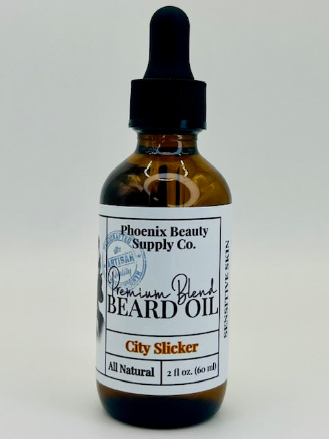 City Slicker Sensitive Skin Beard Oil, crafted for gentle hydration and comfort, with a balanced scent of citrus, sandalwood, and patchouli.