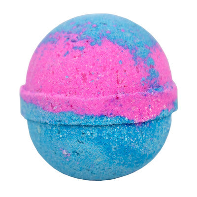 Handmade non-toxic cotton candy bath bomb in pink and blue, perfect for kids' fun and adults' relaxation and moisturization.