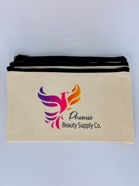 Cream-colored Polish Supply Bag with black zipper and brand logo, compact and stylish for organizing nail polishes and supplies.