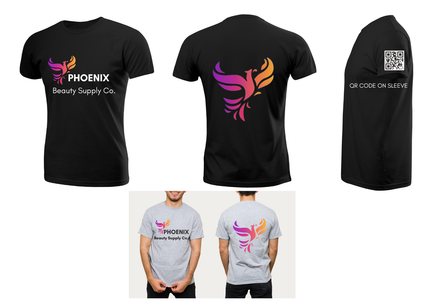 Black or light gray t-shirt with logo on front and back, QR code on sleeve, available in sizes small to 2XL.