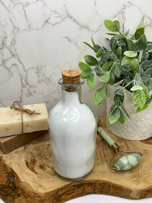 Jar filled with Relaxation Bath Salt Soak - Frankincense and Lavender blend for soothing, calming bath experience.