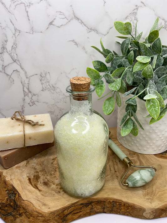 Sore Muscle Bath Salt Soak jar filled with Frankincense and Chamomile infused salts, designed for relieving muscle pain and promoting relaxation.