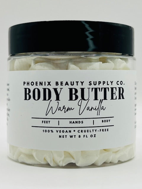Warm Vanilla handmade whipped body butter with mango and shea butter, vitamin E, and essential oils for deep hydration and soft, smooth skin
