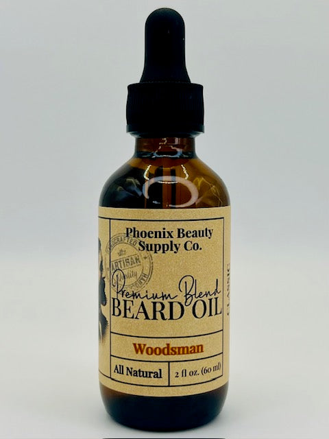 Woodsman Beard Oil Classic formula with Amberwood and sage essential oils, perfect for softening and moisturizing facial hair.