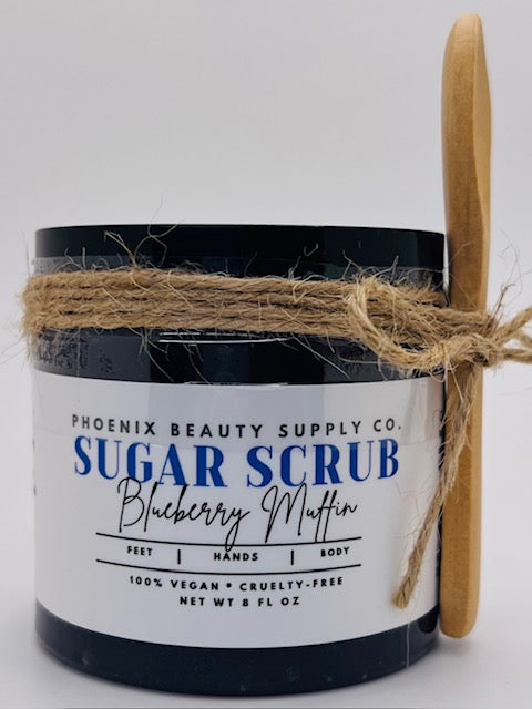 Blueberry Muffin Handmade Sugar Scrub with organic sugar, shea butter, and sunflower seed oil, perfect for exfoliating and moisturizing skin.