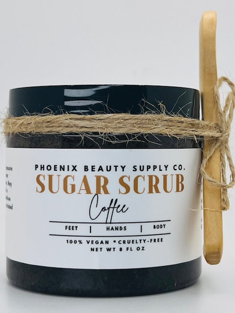 Coffee Handmade Sugar Scrub with organic sugar, sunflower seed oil, shea butter, and essential oils for exfoliating and moisturizing skin.