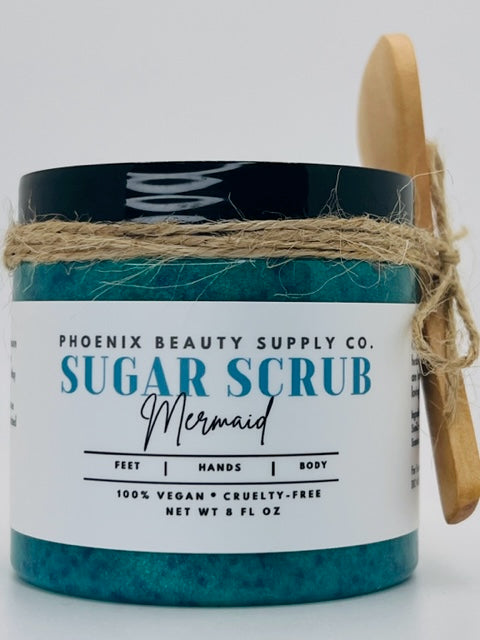 Mermaid Handmade Sugar Scrub with a Fruit Loop scent, organic sugar, edible crystals, and nourishing shea butter for smooth, hydrated skin.