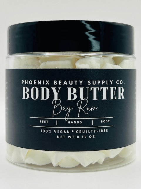 Bay Rum Whipped Body Butter in a jar with natural ingredients like shea butter, mango butter, and essential oils for men’s skincare