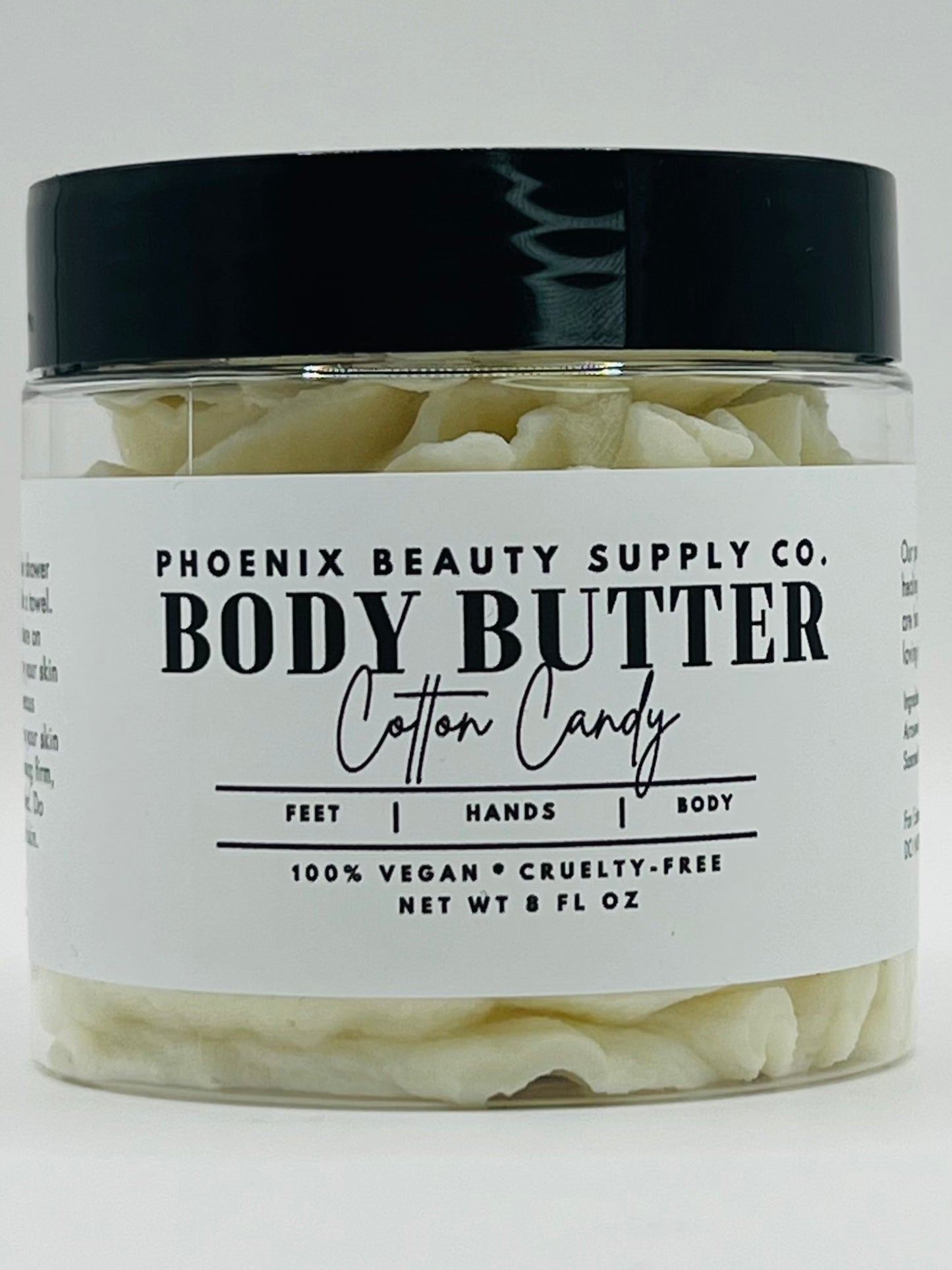 Handmade Cotton Candy whipped body butter in a jar, creamy texture, perfect for moisturizing skin with a sweet scent