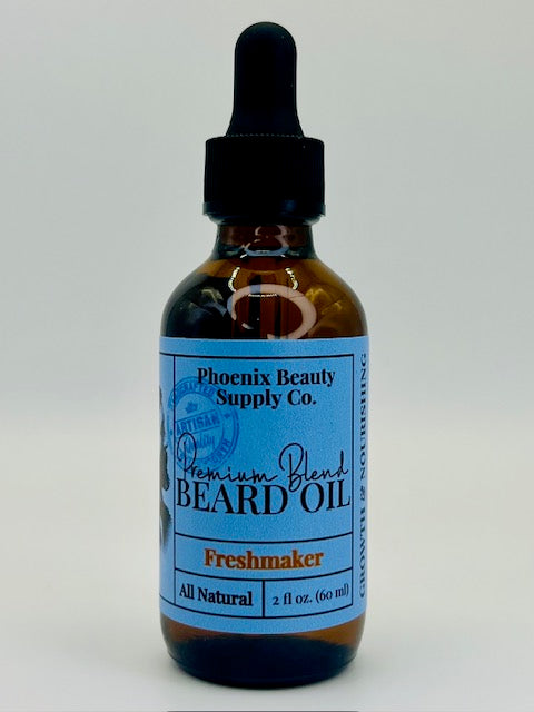 Freshmaker Nourishing & Growth Beard Oil, a blend of peppermint and lemon oils to promote healthy beard growth and smooth skin.