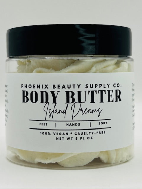 Island Dreams Whipped Body Butter in jar, rich tropical body moisturizer with mango and shea butter, ideal for softening and hydrating skin