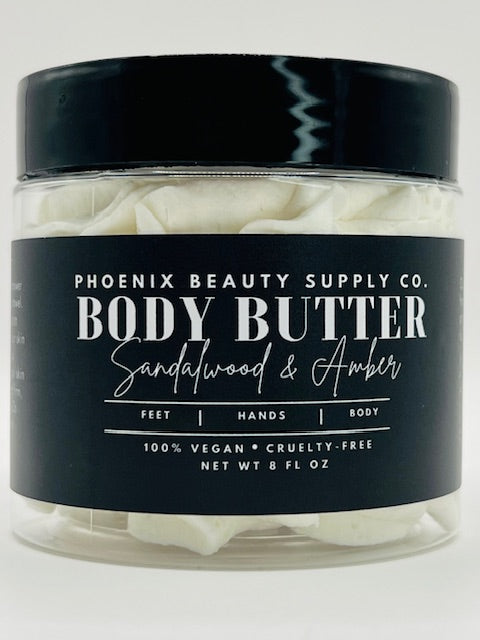 Jar of Sandalwood & Amber handmade whipped body butter with a smooth, creamy texture, showcasing its natural, nourishing ingredients.