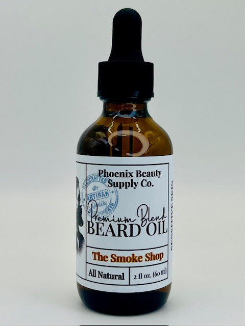 The Smoke Shop Sensitive Skin Beard Oil – Gentle tobacco and vanilla blend, ideal for sensitive skin while softening and moisturizing facial hair.