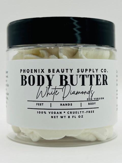 White Diamonds Handmade Whipped Body Butter with mango and shea butter, grape-seed oil, and essential oils for deep skin hydration and a radiant glow.