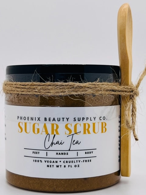 Chai Tea Handmade Sugar Scrub with organic sugar, sunflower seed oil, and shea butter for exfoliating and moisturizing the skin.