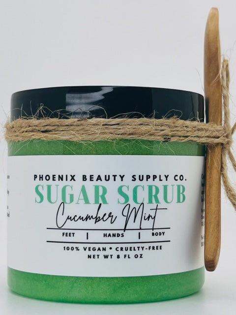 Cucumber Mint handmade sugar scrub for exfoliating and moisturizing skin, made with organic sugar and essential oils.