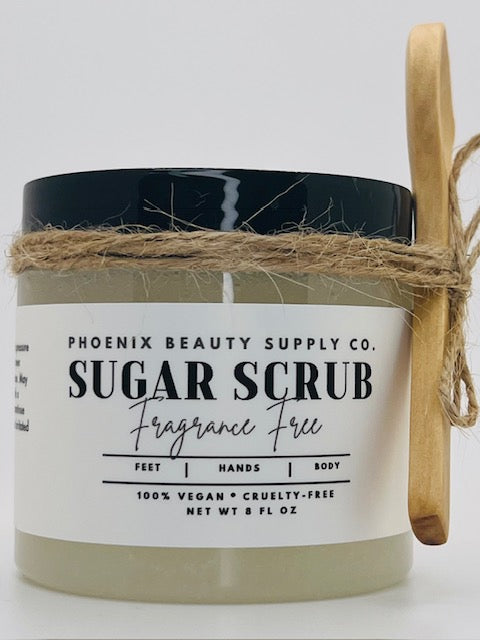 Fragrance-free handmade sugar scrub with organic sugar crystals, sunflower seed oil, shea butter, and glycerin for gentle exfoliation and hydration.