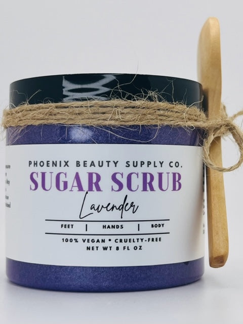 Lavender handmade sugar scrub with organic sugar, lavender essential oil, and shea butter for exfoliating and moisturizing skin.