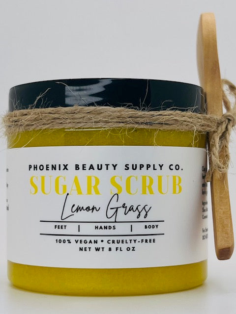 Lemongrass handmade sugar scrub with organic sugar, shea butter, and essential oils for exfoliating and moisturizing skin.