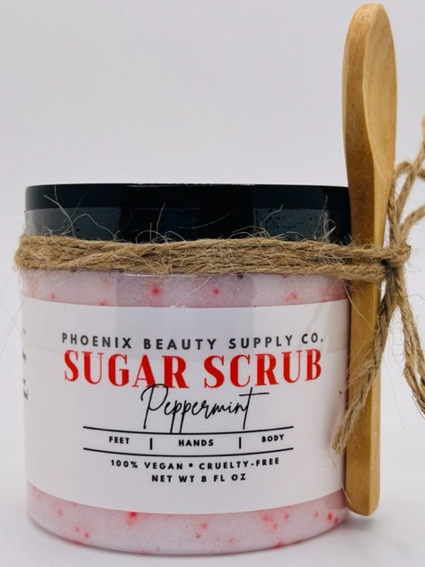 Peppermint Handmade Sugar Scrub with organic sugar, shea butter, and sunflower seed oil for exfoliating and moisturizing, leaving skin refreshed and smooth.