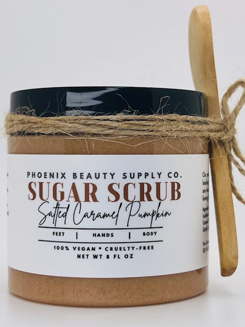 Salted Caramel Pumpkin handmade sugar scrub, a sweet fall-scented exfoliating scrub with organic sugar and moisturizing oils.