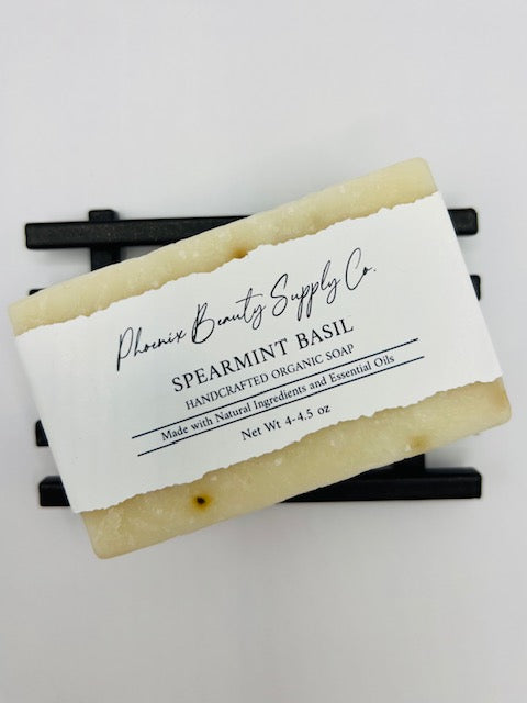 Spearmint Basil handmade organic bar soap with a creamy lather, infused with refreshing spearmint and basil for a rejuvenating shower experience.